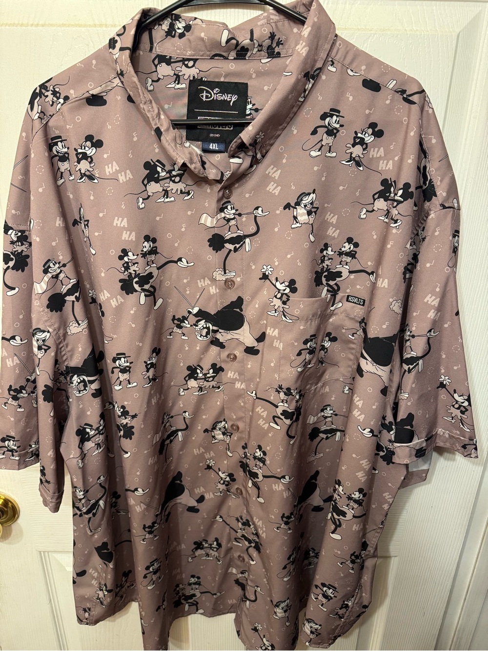 Disney RSVLTS Men's Short-Sleeve Button-Down Shirt in Mauve with Mickey Print